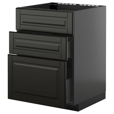 Black kitchen unit with three drawers, sleek bevelled edges.