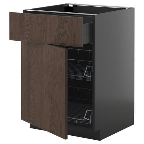 Modern kitchen unit: METOD, dark brown sinarp wood, 3 shelves, one drawer, sleek design.