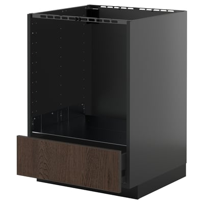 A black METOD kitchen cabinet with a dark brown wood-textured drawer. The cabinet has a sleek, modern design with a single, extending drawer.