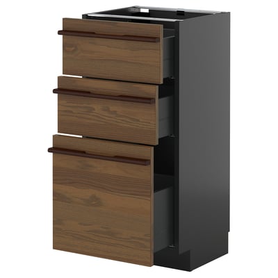 Gray METOD kitchen cabinet with 3 wooden drawers.