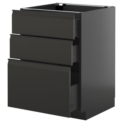 Modern black kitchen cabinet with three sleek drawers, glossy finish, and integrated handles.