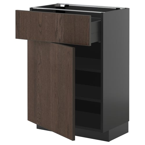 Dark brown kitchen cabinet with drawer, adjustable shelves, sleek design.