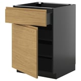 Modern kitchen unit with oak drawer, grey cabinet, single door open.