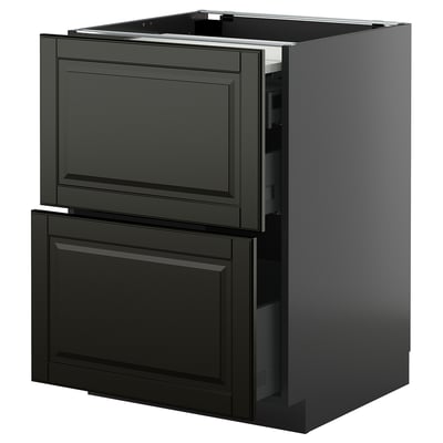 Black modern kitchen cabinet with two open drawers, sleek design.