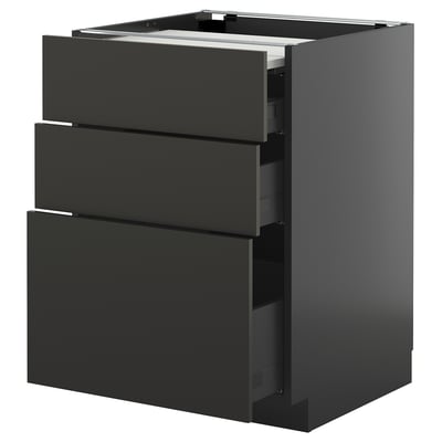 Modern black kitchen cabinet with three drawers, sleek design, sturdy black steel frame, self-closing drawers.