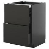 A dark grey, modern kitchen cabinet with two drawers and a drawer front open, revealing a pull-out work surface.