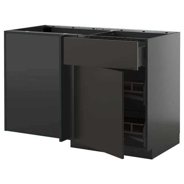 METOD kitchen unit in dark gray with open shelves and pull-out storage.