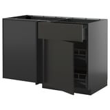 METOD kitchen unit in dark gray with open shelves and pull-out storage.
