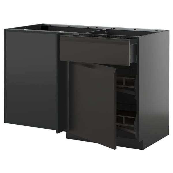 Modern black kitchen unit with open drawers and shelves, part of ikeas METOD series, sleek and functional design.