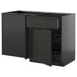 Modern black kitchen unit with open drawers and shelves, part of ikeas METOD series, sleek and functional design.