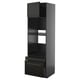 Black ikea METOD tall kitchen unit with open shelves and drawers.