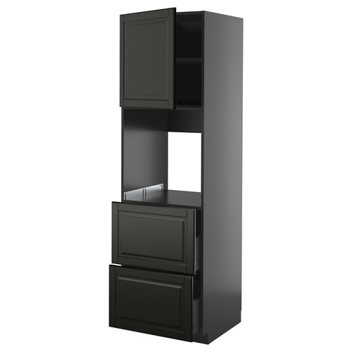 Black METOD kitchen cabinet with bevelled edges; tall, rectangular, and sleek with two drawers and an open shelf.