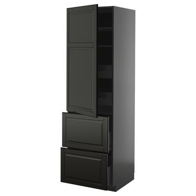 Black, tall kitchen cabinet with two drawers and adjustable shelves.