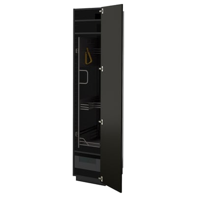 Black METOD kitchen cabinet with beveled edges, open doors revealing adjustable shelves and drawers.