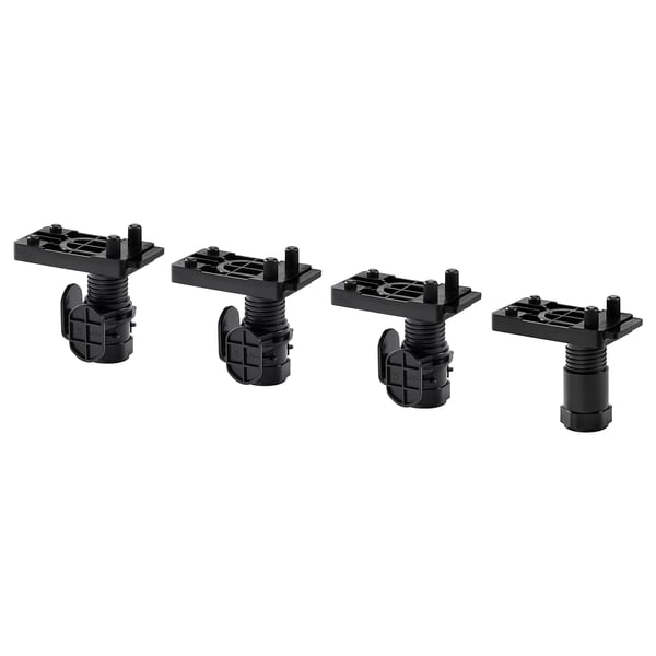 Four black, adjustable METOD cabinet legs; plastic, angled design for stability on uneven floors.