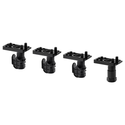 Four black, adjustable METOD cabinet legs; plastic, angled design for stability on uneven floors.