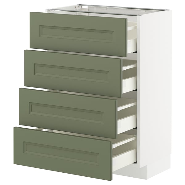 A vertical kitchen cabinet with four green drawers and a white frame.