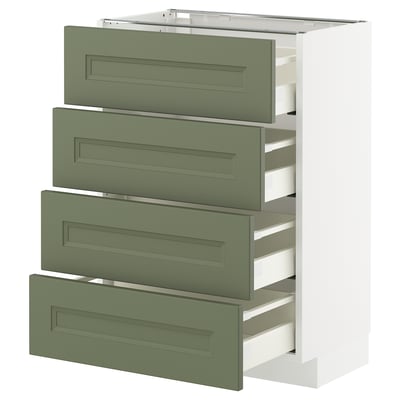 A vertical kitchen cabinet with four green drawers and a white frame.