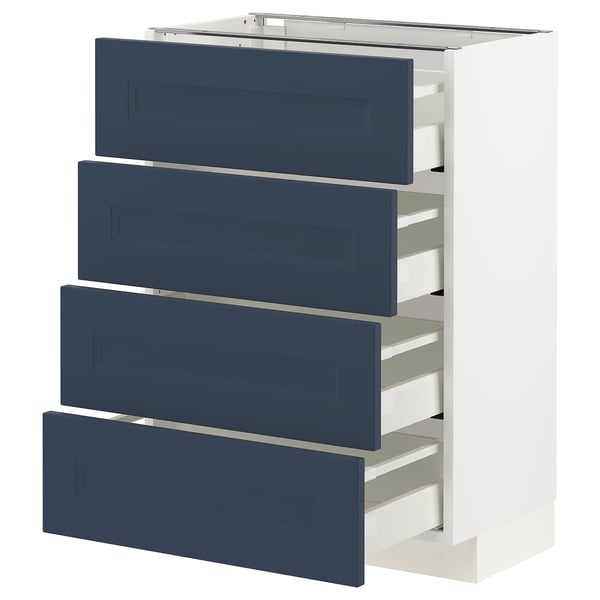 White METOD kitchen unit with blue drawers, four soft-close drawers, sleek modern design.