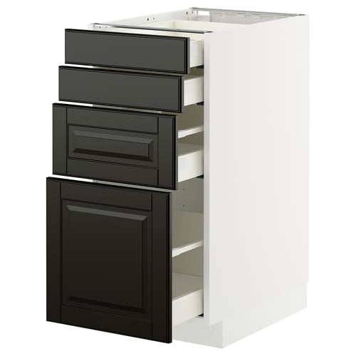 A METOD kitchen unit with dark grey bevelled bodbyn drawers and doors, featuring three drawers and one cabinet, set against a white frame.