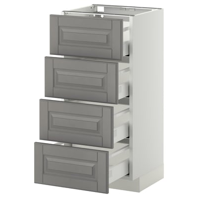 A grey four-drawer METOD kitchen cabinet with a traditional design and beveled edges.