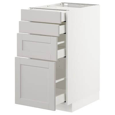 METOD kitchen cabinet in light grey with multiple drawers and pullouts, sleek beveled edges, sturdy build.