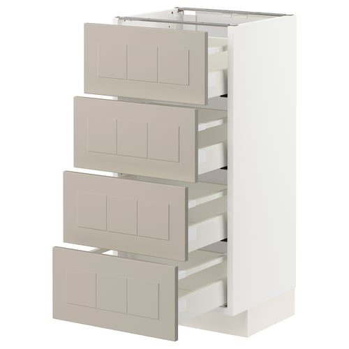 White METOD cabinet with beige drawers, rectangular and modern design.