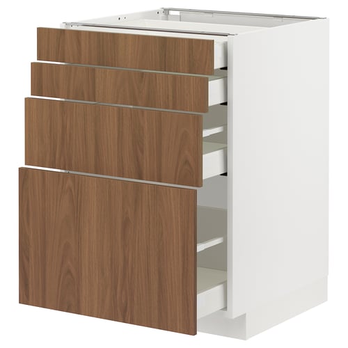 White METOD kitchen cabinet with walnut drawers, modern design.