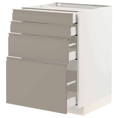 Modern kitchen cabinet in grey-beige with four pull-out drawers, minimalist handle design, square shape, and sleek edges.