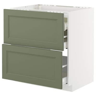 A two-drawer kitchen cabinet in green with a white base. It a modern design with sleek metallic handles.
