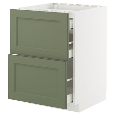 White METOD kitchen unit with green axstad drawers.