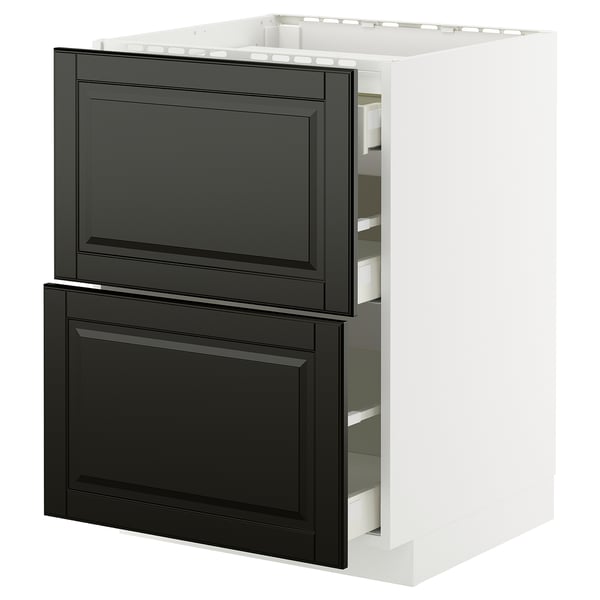 Modern kitchen cabinet in white with black drawers, sleek design, sturdy construction.