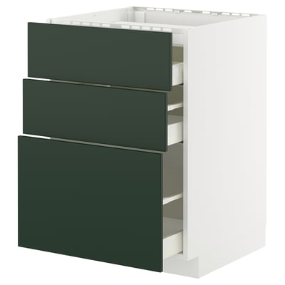 A white METOD kitchen cabinet with three dark green drawers. The drawers are modern and sleek, designed for easy access and smooth operation.