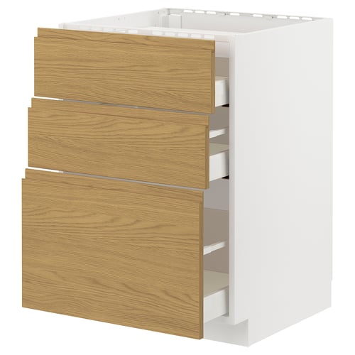 White kitchen unit with wooden drawers. Three large wooden drawers on a white base.