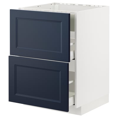 A white METOD kitchen cabinet with blue drawers and a smooth finish.