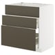 Depicts a modern white cabinet unit with dark brown drawer fronts, equipped with multiple drawers.