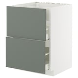 METOD kitchen unit with grey-green drawers and white frame.