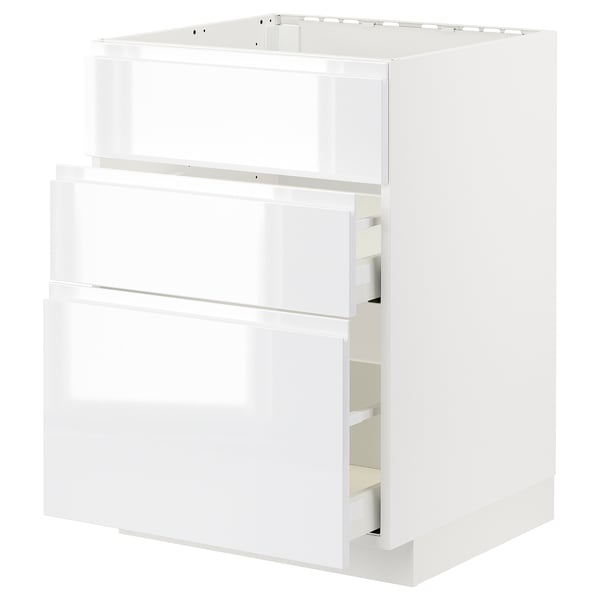 White METOD kitchen unit with glossy finish and integrated handles.