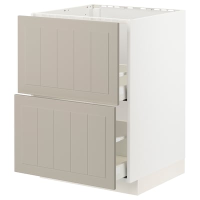 An ikea METOD kitchen cabinet in beige with two open drawers, featuring a modern and crafted design.