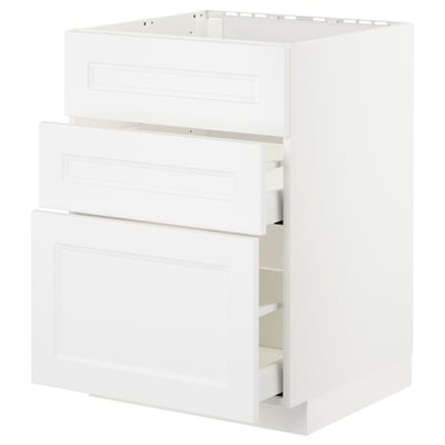 This is a white METOD kitchen cabinet with two drawers and one door, crafted from fiberboard and melamine foil.
