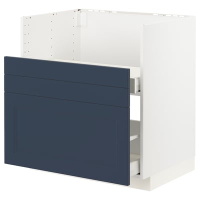 Blue kitchen cabinet with drawers, modern design, white frame, 3 shelves.