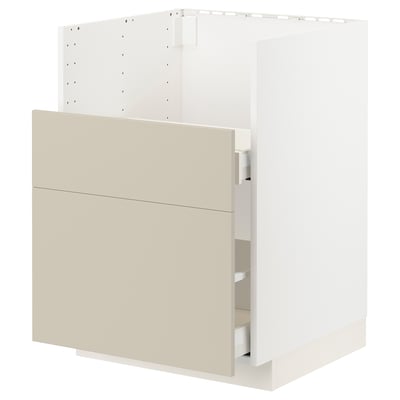 A METOD kitchen cabinet in beige with a smooth, clean design and an open drawer.