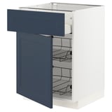 Modern kitchen cabinet with blue drawers, wire racks, white body.