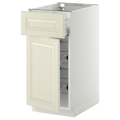 A white METOD kitchen cabinet with a drawer and door, beveled edges in off-white.