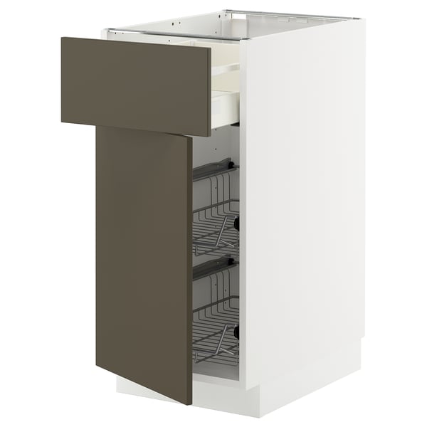 METOD kitchen cabinet, dark brown/beige, white interior, wire baskets, medium size.