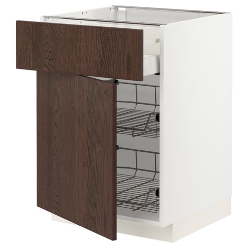 White METOD kitchen cabinet with dark brown oak drawer, wire baskets, smooth edges.