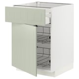 Open light green METOD kitchen cabinet with wire racks.