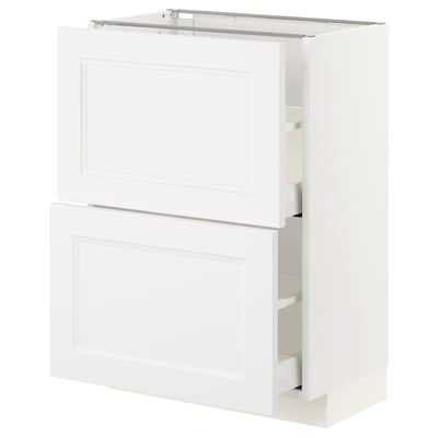 A white ikea METOD kitchen cabinet with two drawers and a wire shelf top.