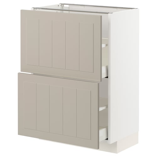 A beige METOD kitchen cabinet with a crafted look, combining drawers and shelves for storage.