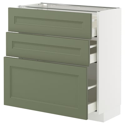 Mxd green kitchen drawers: 3 drawers, olive green, smooth fronts, white sides, rectangular, sleek design.